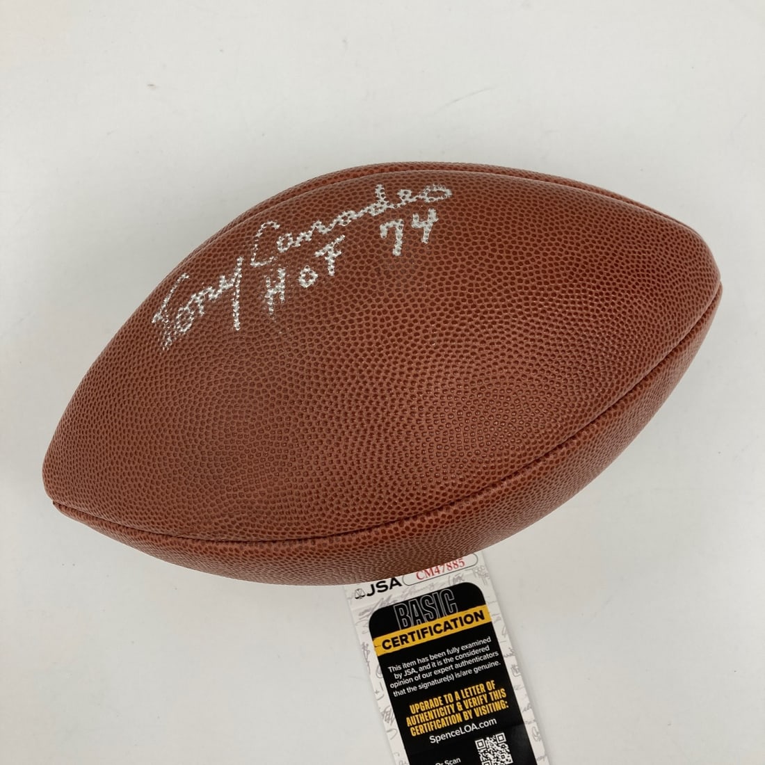 Wilson NFL football signed by Tony Canadeo HOF 1974 JSA COA: Wilson NFL football signed by Tony Canadeo HOF 1974 JSA COA Original Wilson NFL football signed by Tony Canadeo with the inscription "HOF 1974." Includes JSA autograph authentication. Pre-owned condit