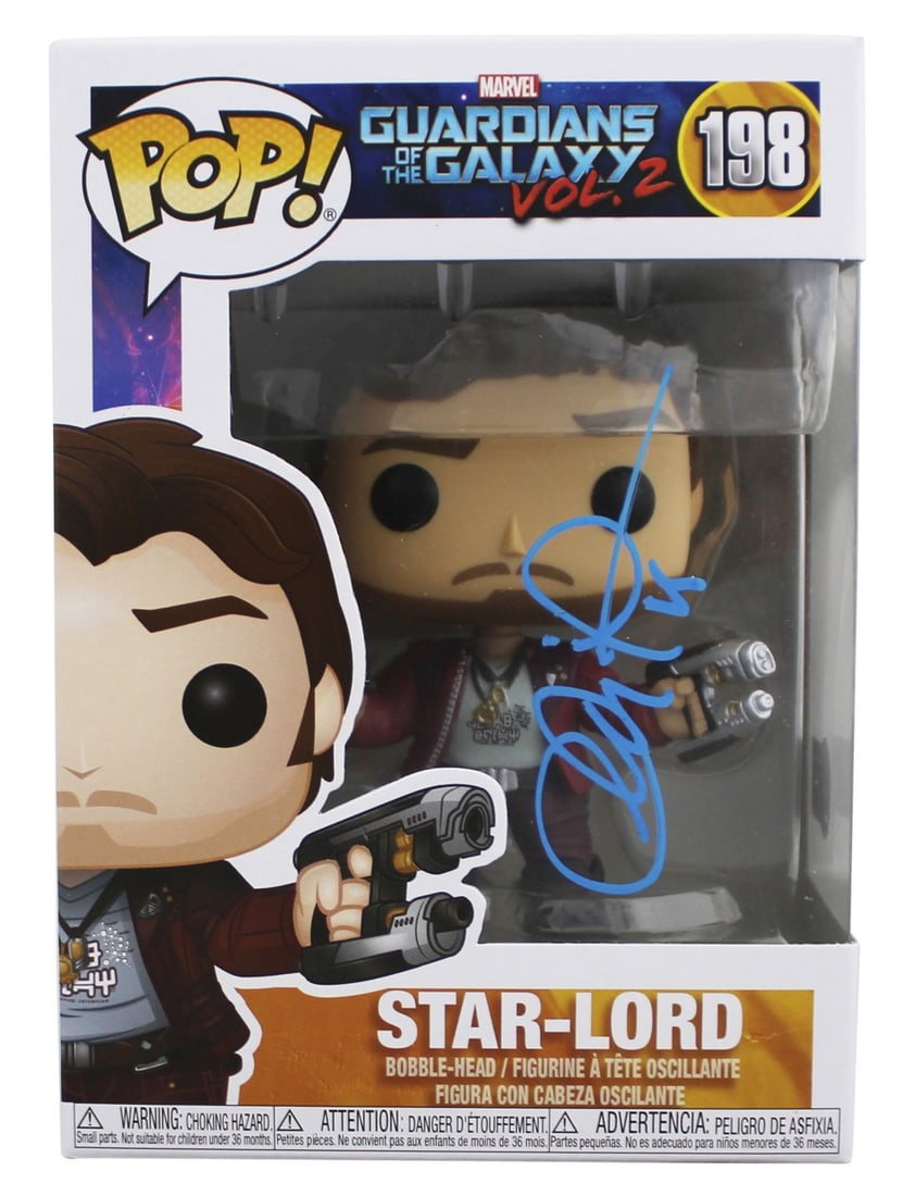 Beckett Authenticated Chris Pratt Star Lord Funko Pop 198: Beckett Authenticated Chris Pratt Star Lord Funko Pop 198 This is an original Funko Pop Vinyl Figure #198 featuring Star-Lord from Guardians of the Galaxy, personally signed by Chris Pratt. The autogr