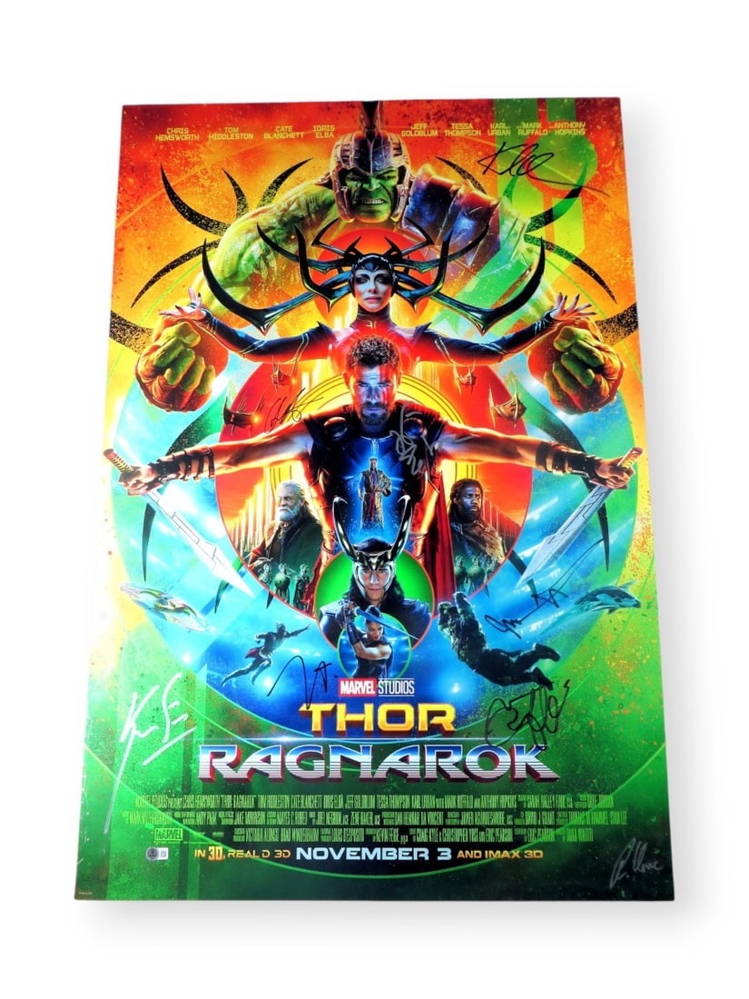 Thor Ragnarok Autographed 27X40 Poster Beckett Authenticated Hemsworth Ruffalo +6 Signatures: Thor Ragnarok Autographed 27X40 Poster Beckett Authenticated Hemsworth Ruffalo +6 Signatures This original 27" x 40" poster of "Thor: Ragnarok" is autographed by a stellar cast, including Chris Hemswo