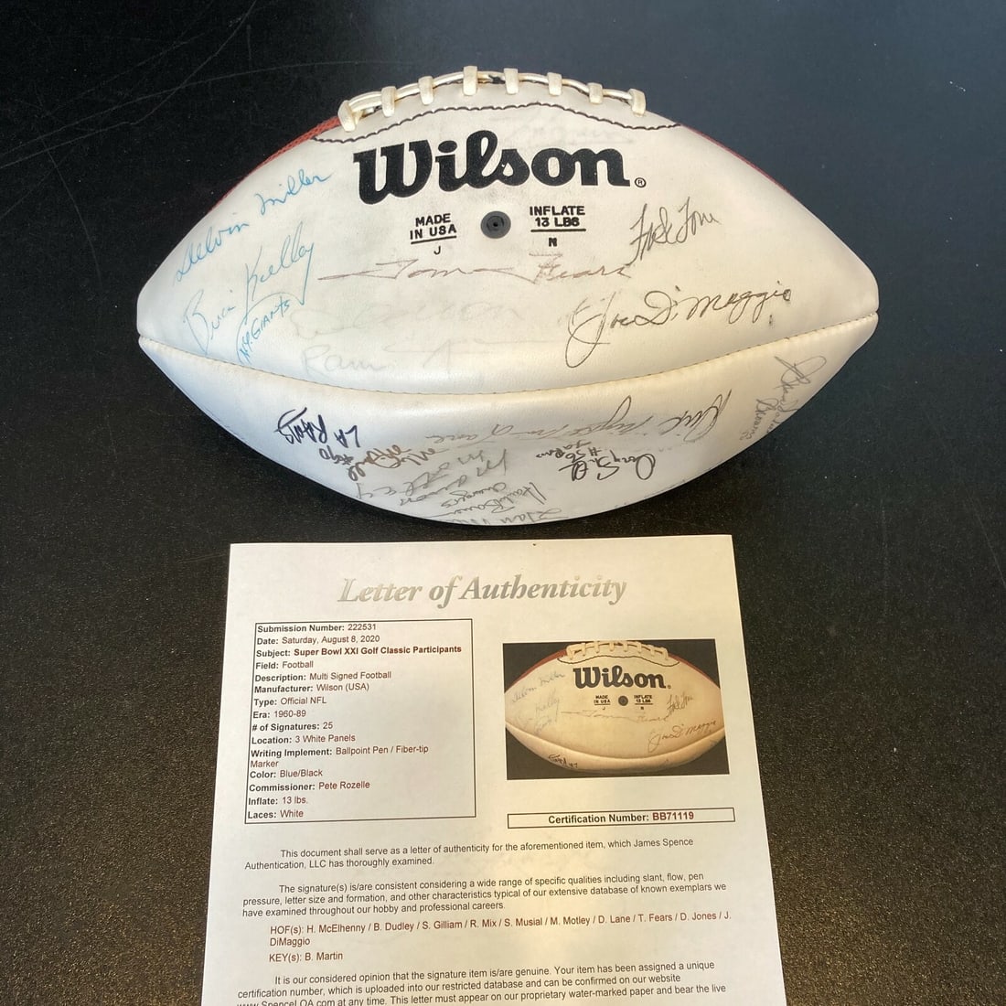 Football Signed by 25 Super Bowl XXI Attendees DiMaggio Musial JSA Certified (1 of 10)