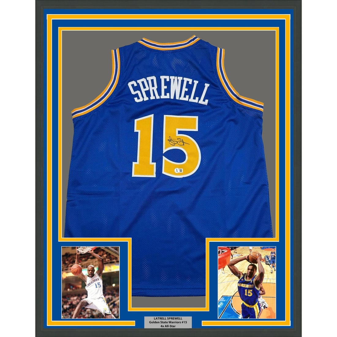 Latrell Sprewell signed framed Warriors jersey JSA 35x39: Latrell Sprewell signed framed Warriors jersey JSA 35x39 Professionally framed and matted autographed Golden State Warriors jersey signed by Latrell Sprewell. This original basketball collectible incl