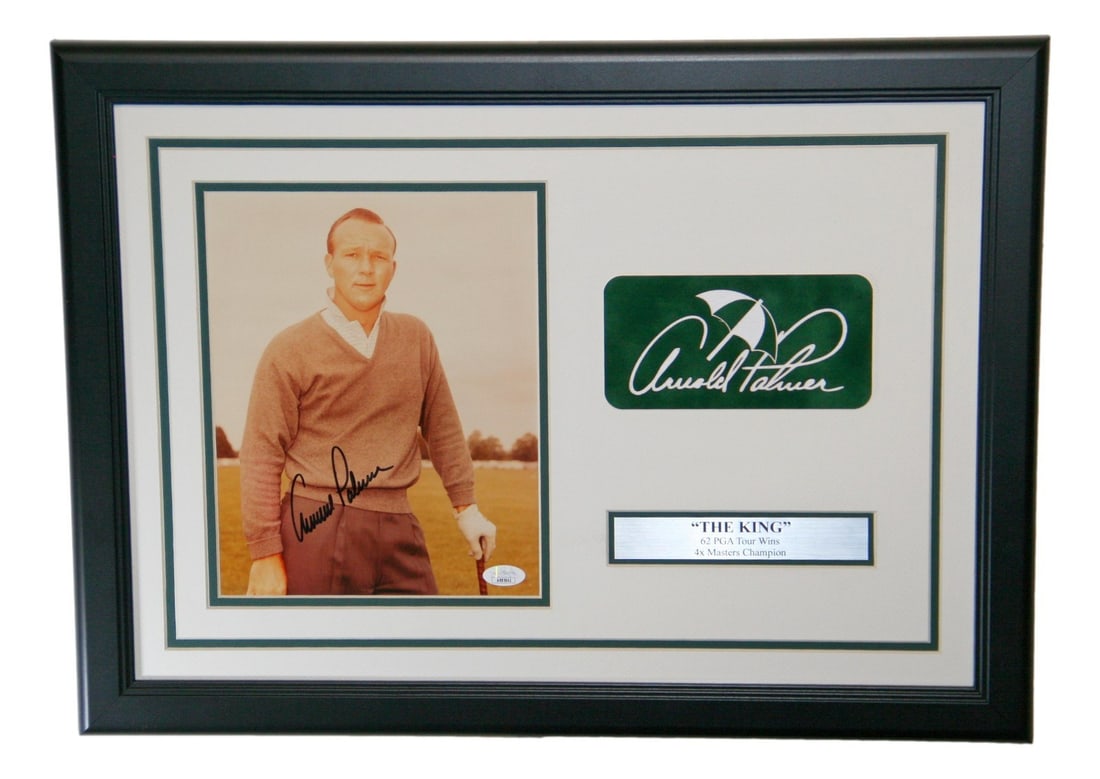Framed 8x10 Signed Arnold Palmer Golf Photo JSA: Framed 8x10 Signed Arnold Palmer Golf Photo JSA Framed original golf photo featuring Arnold Palmer, known as "The King," with an autograph as stated in the title. This pre-owned piece is authenticated