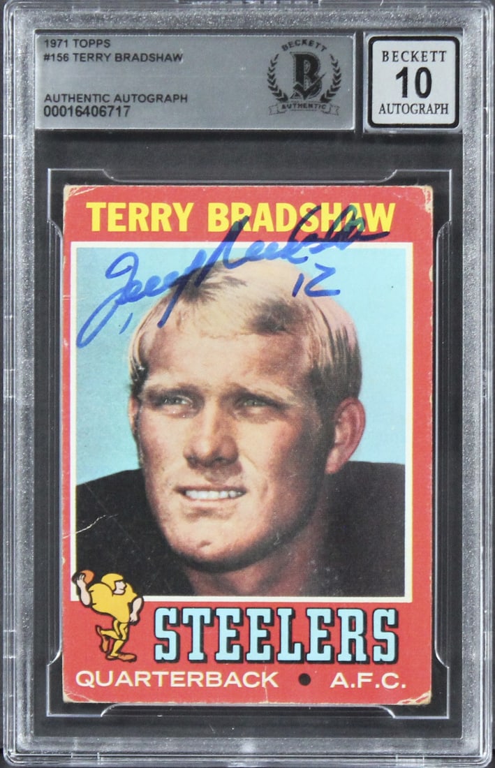 Terry Bradshaw 1971 Topps #156 Rookie Auto BAS Gem Mint 10 Slabbed: Terry Bradshaw 1971 Topps #156 Rookie Auto BAS Gem Mint 10 Slabbed This is an original 1971 Topps #156 rookie card personally signed by Terry Bradshaw of the Pittsburgh Steelers. The autograph has rec