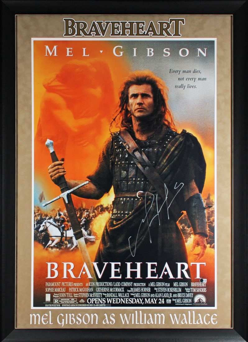 Mel Gibson Braveheart Signed Framed 27x40 Poster with BAS Authentication: Mel Gibson Braveheart Signed Framed 27x40 Poster with BAS Authentication This striking 27x40 poster features an authentic autograph from Mel Gibson, known for his iconic role in the film Braveheart. E