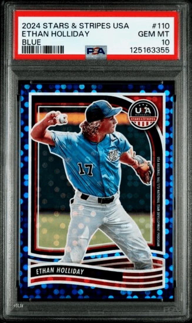 PSA 10 2024 Panini Stars and Stripes Ethan Holliday Blue 149 Card: PSA 10 2024 Panini Stars and Stripes Ethan Holliday Blue 149 Card Graded 2024 Panini Stars & Stripes USA Ethan Holliday #110 Blue parallel baseball card. This pre-owned sports trading card is encapsul