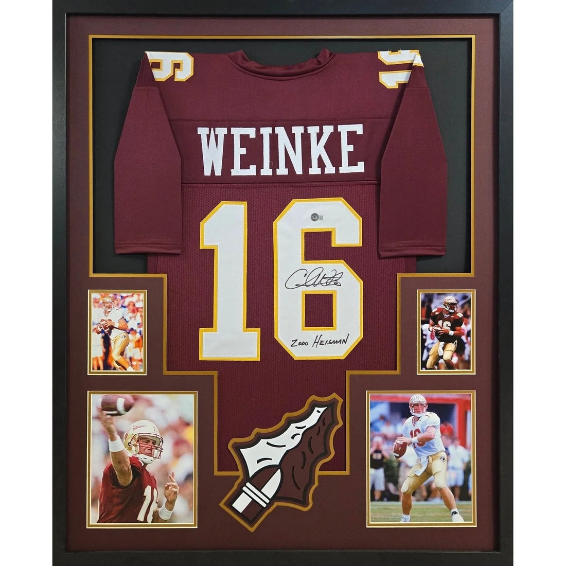 Beckett authenticated Chris Weinke autographed framed Florida State jersey: Beckett authenticated Chris Weinke autographed framed Florida State jersey Framed Florida State jersey signed by Chris Weinke. The autograph is authenticated by Beckett and the piece includes a Becket