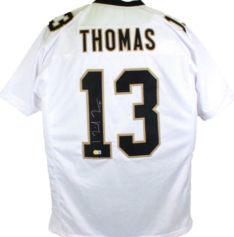 Signed Michael Thomas White Football Jersey Beckett Hologram Saints: Signed Michael Thomas White Football Jersey Beckett Hologram Saints Autographed white pro style football jersey featuring Michael Thomas of the New Orleans Saints. The item is marked as original, sign