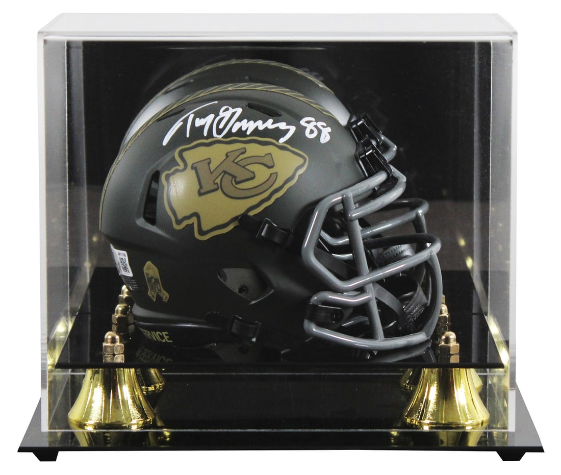 BAS Witnessed Tony Gonzalez Chiefs Speed Mini Helmet with Display Case: BAS Witnessed Tony Gonzalez Chiefs Speed Mini Helmet with Display Case This Kansas City Chiefs Salute To Service IV Speed mini helmet has been personally signed by Tony Gonzalez. The helmet comes with