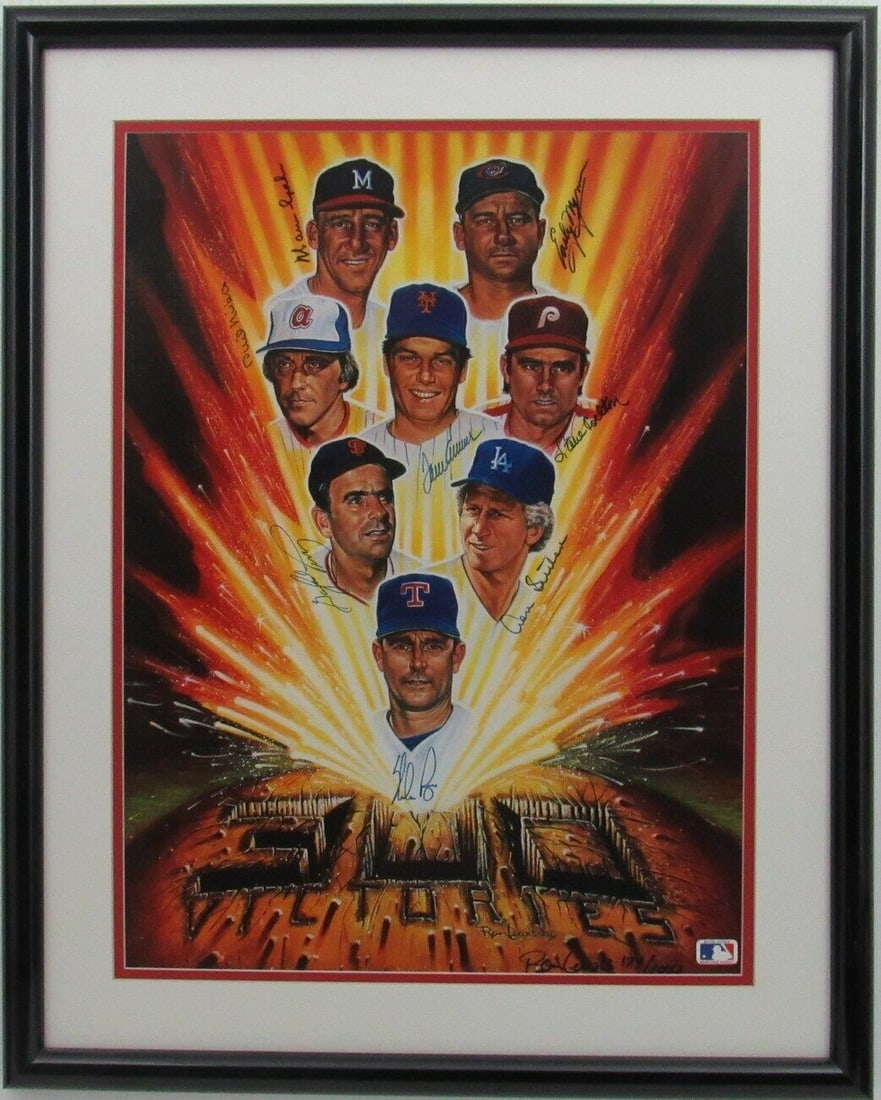 Framed 18x24 300 Win HOF Pitchers Signed Lithograph Print JSA: Framed 18x24 300 Win HOF Pitchers Signed Lithograph Print JSA Framed 18x24 lithograph print featuring 300-win Hall of Fame pitchers, signed by Nolan Ryan, Phil Niekro, Gaylord Perry, Warren Spahn, Ear