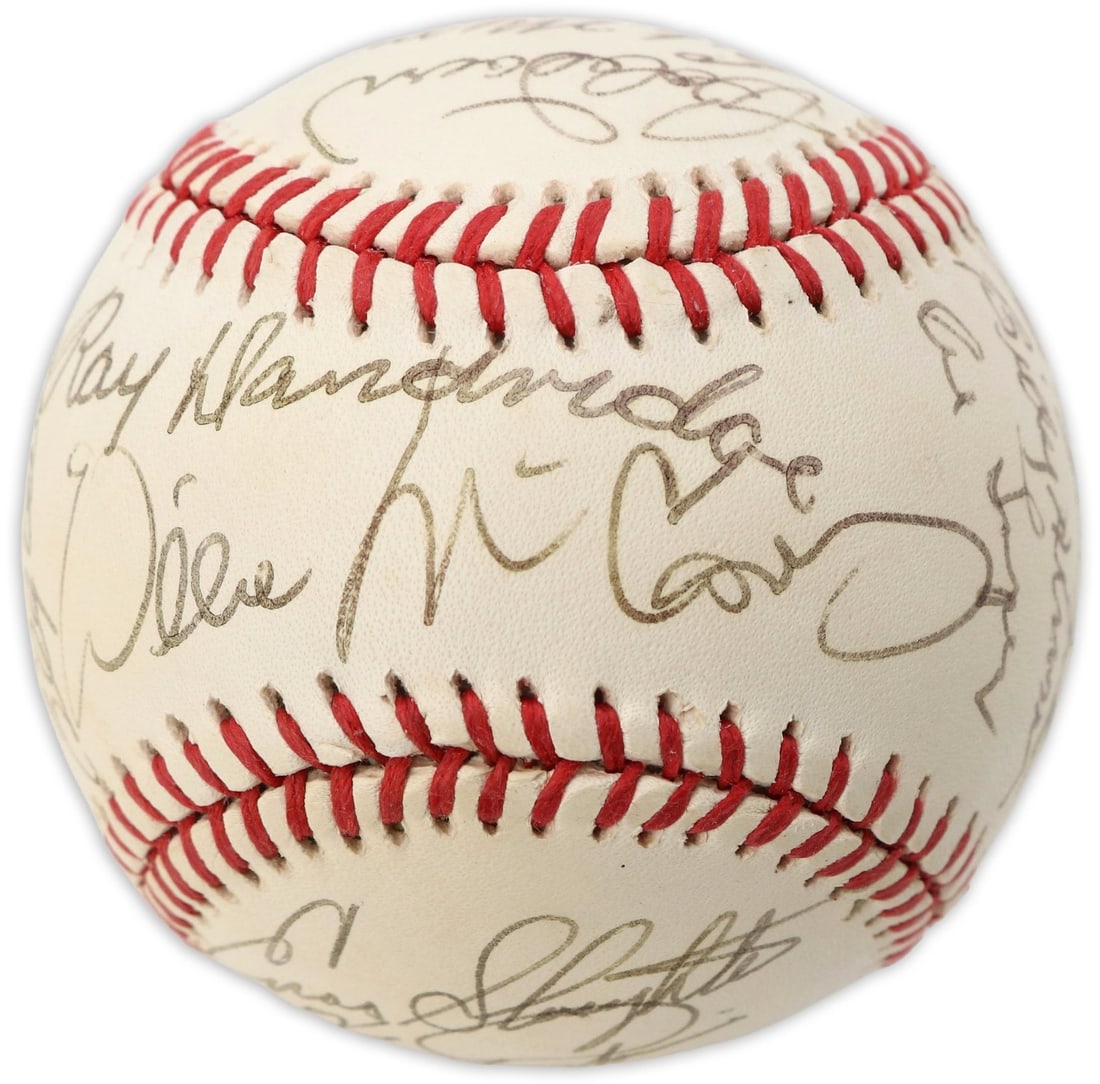 24 Signature Hall of Fame Baseball PSA DNA Certified: 24 Signature Hall of Fame Baseball PSA DNA Certified Original multi-signed baseball featuring 24 National Baseball Hall of Fame member signatures. The autographs were boldly applied in black felt tip 