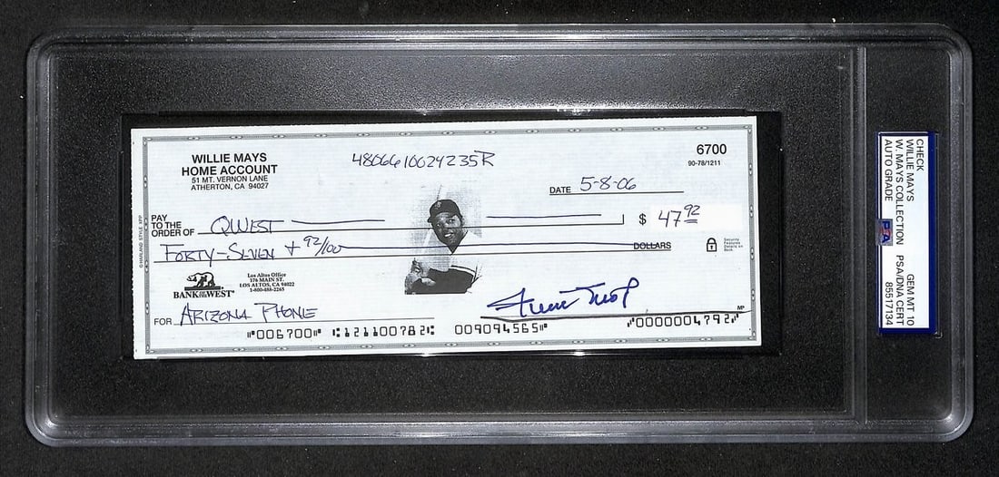 2006 Willie Mays HOF autographed bank check PSA DNA GEM MT 10: 2006 Willie Mays HOF autographed bank check PSA DNA GEM MT 10 Original 2006 bank check signed by Willie Mays with HOF notation. The autograph is authenticated by PSA/DNA, graded GEM MT 10, and encapsu