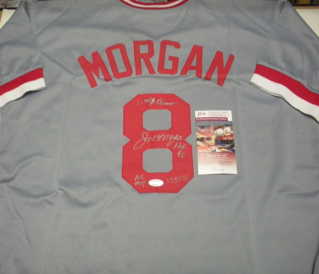 Signed Joe Morgan Cincinnati Reds Jersey JSA COA HOF 90: Signed Joe Morgan Cincinnati Reds Jersey JSA COA HOF 90 Original signed Joe Morgan Cincinnati Reds jersey. This pre-owned baseball jersey is associated with Hall of Fame 1990 and 2x World Series champ