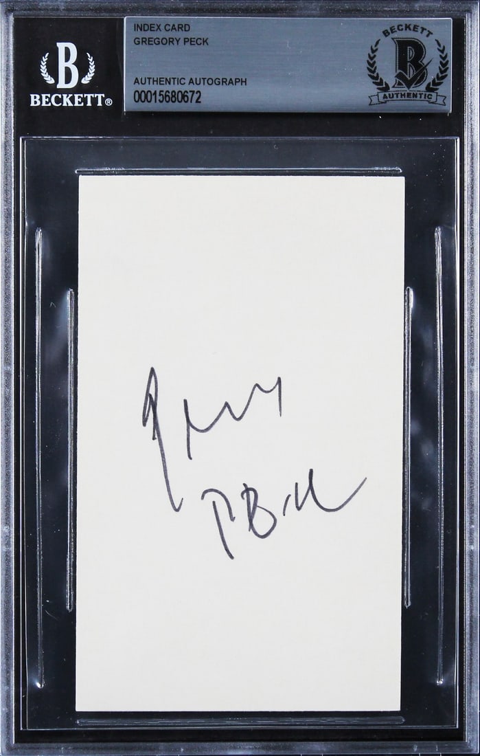Gregory Peck signed 3x5 index card Beckett slabbed To Kill a Mockingbird: Gregory Peck signed 3x5 index card Beckett slabbed To Kill a Mockingbird This is an original 3x5 index card personally signed by Gregory Peck, known for his role in "To Kill a Mockingbird." The autogr