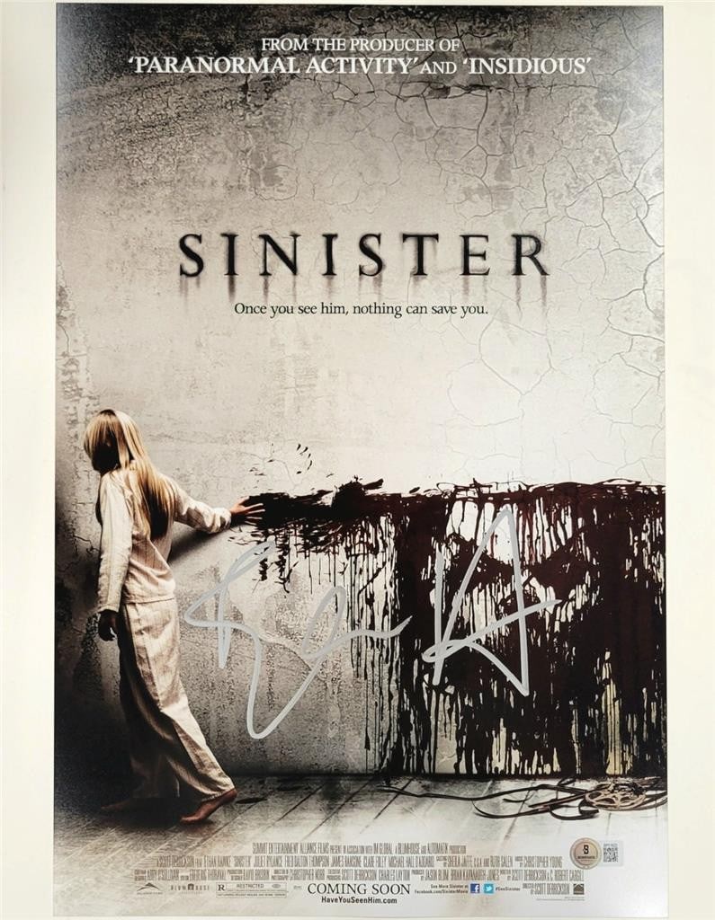 Sinister 12x18 Photograph Signed by Ethan Hawke Beckett Authenticated: Sinister 12x18 Photograph Signed by Ethan Hawke Beckett Authenticated This original 12x18 photo poster from the film Sinister is hand-signed by Ethan Hawke. The autograph has been authenticated by Bec