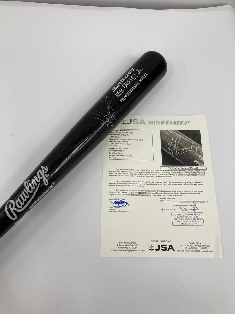 Rawlings game model bat autographed by Ken Griffey Jr with JSA COA: Rawlings game model bat autographed by Ken Griffey Jr with JSA COA Pre-owned Rawlings game model baseball bat signed by Ken Griffey Jr. This original autographed piece comes with a full letter of auth