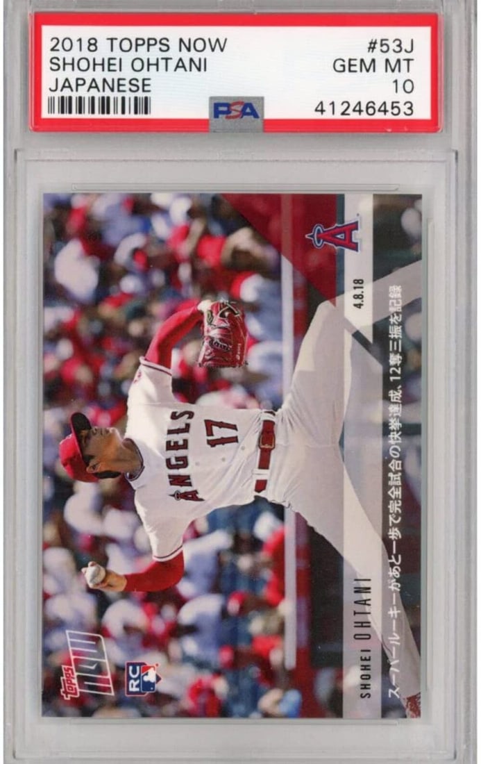 2018 Topps Now Shohei Ohtani #53J Rookie Card PSA 10 Gem Mint: 2018 Topps Now Shohei Ohtani #53J Rookie Card PSA 10 Gem Mint This is a graded 2018 Topps Now Japanese Shohei Ohtani #53J Rookie RC Baseball Card, receiving a Gem Mint grade of 10 from Professional Sp