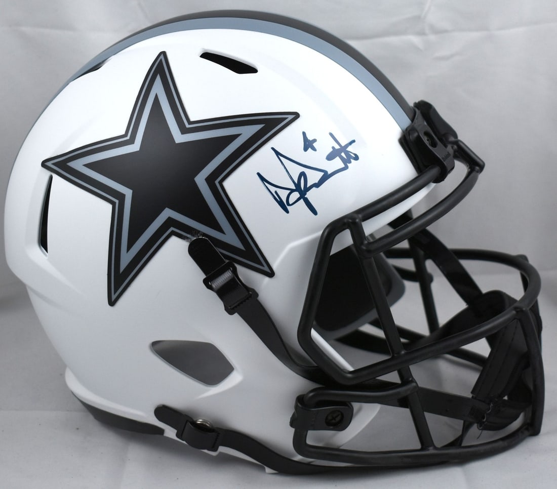 Dallas Cowboys Lunar Speed Full Size Helmet Signed by Dak Prescott with Beckett Holo: Dallas Cowboys Lunar Speed Full Size Helmet Signed by Dak Prescott with Beckett Holo This is a pre-owned Dallas Cowboys full-size Lunar Speed helmet autographed by Dak Prescott. The helmet is an origi
