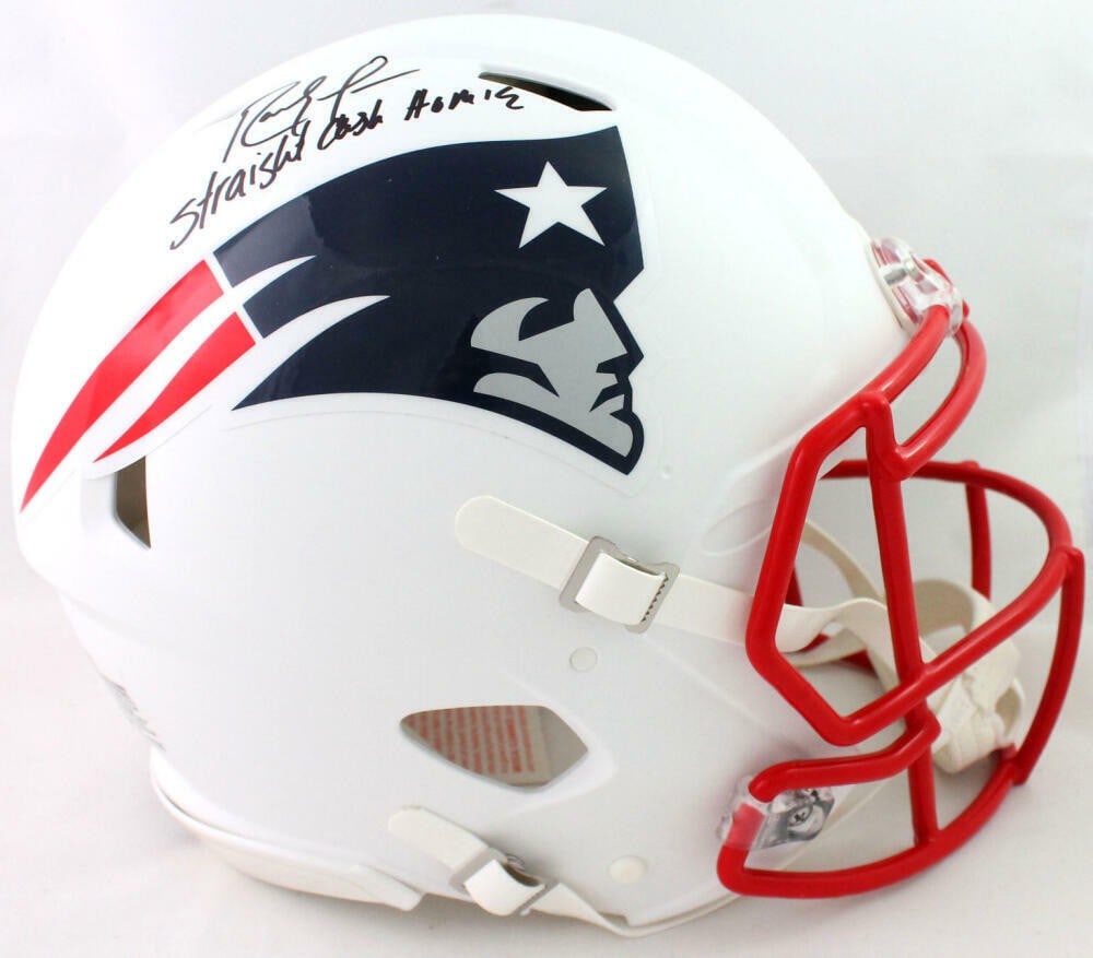 Randy Moss autographed full size flat white Patriots helmet Beckett authenticated: Randy Moss autographed full size flat white Patriots helmet Beckett authenticated This is an original New England Patriots full-size flat white authentic helmet signed by Randy Moss. It includes an in