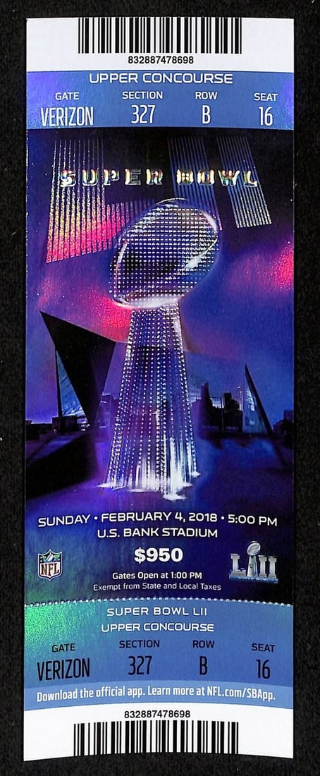 Authentic Unused Full Ticket 2018 Super Bowl LII Eagles vs Patriots (1 of 2)