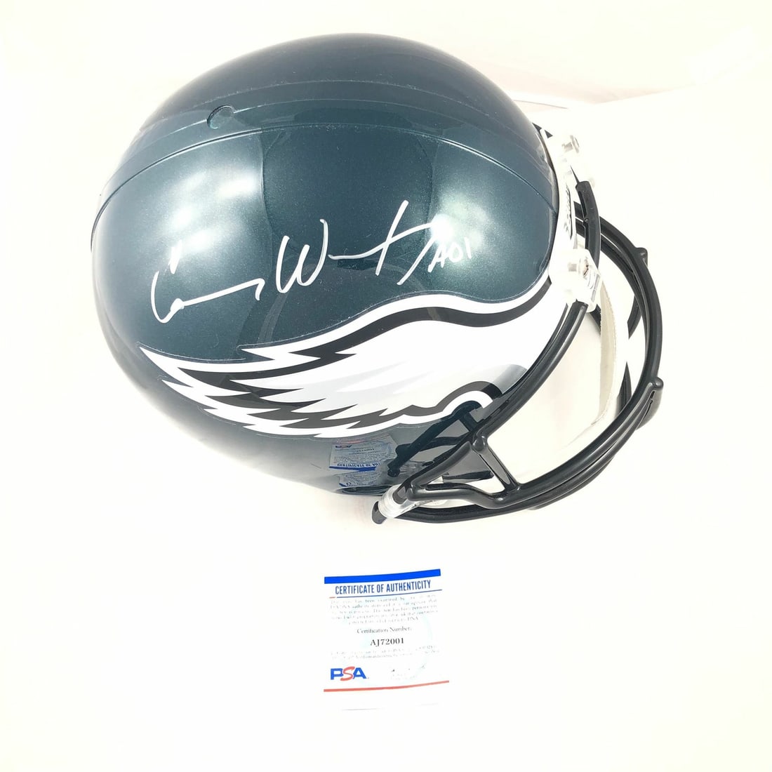 Replica Eagles helmet signed by Carson Wentz PSA DNA Fanatics: Replica Eagles helmet signed by Carson Wentz PSA DNA Fanatics This replica full-size Philadelphia Eagles helmet is autographed by Carson Wentz. The signature has been authenticated by both PSA/DNA and