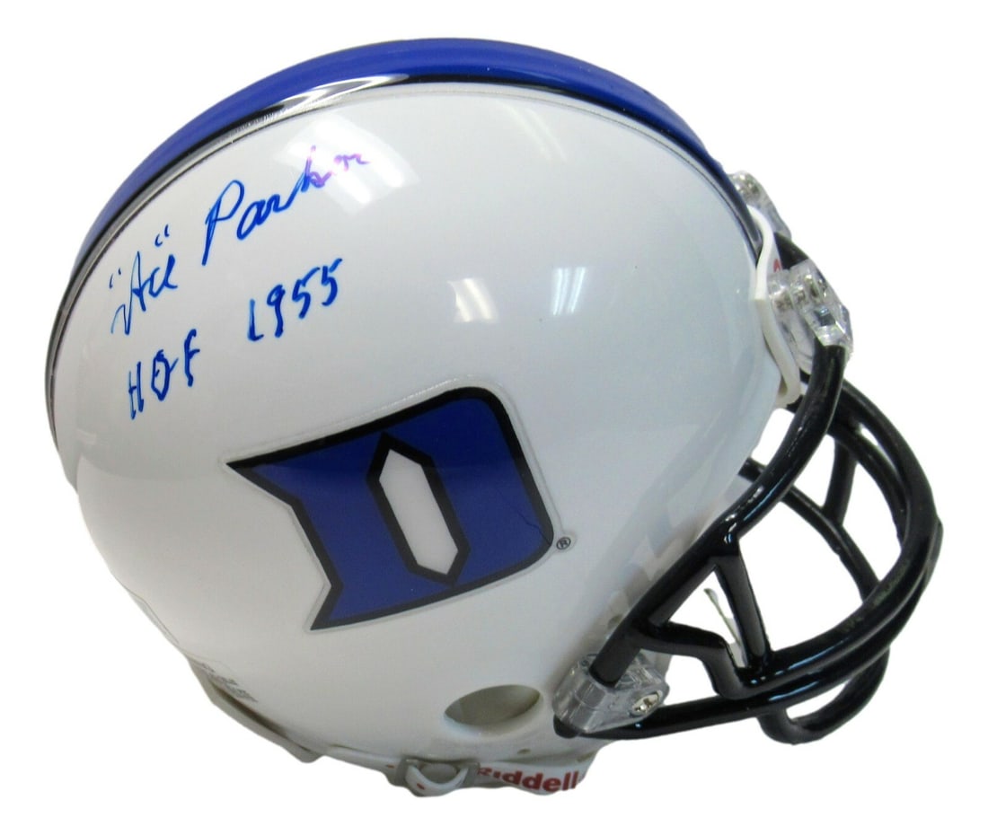 Duke Blue Devils Mini Helmet Signed by Ace Parker with Beckett Authentication: Duke Blue Devils Mini Helmet Signed by Ace Parker with Beckett Authentication This mini helmet is autographed by Ace Parker, a Hall of Fame inductee in 1955 and football player for the Duke Blue Devil
