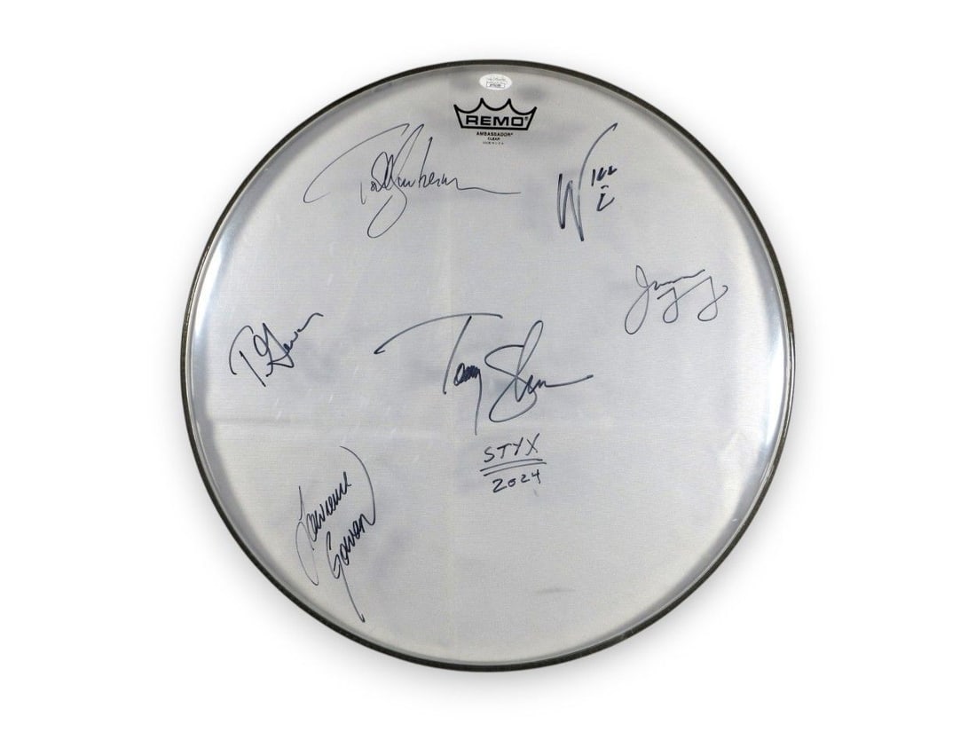 Styx Band 18 Drumhead Signed by 6 Members JSA Authenticated: Styx Band 18 Drumhead Signed by 6 Members JSA Authenticated This is an original 18" drumhead autographed by the iconic members of Styx, including James "J.Y." Young, Tommy Shaw, Todd Sucherman, Lawren