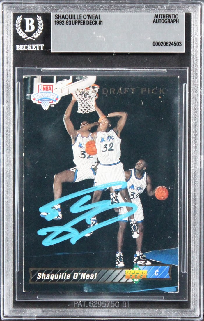 Beckett Authenticated Shaquille O'Neal 1992 Upper Deck 1 Rookie Card: Beckett Authenticated Shaquille O'Neal 1992 Upper Deck 1 Rookie Card Authentic signed 1992 Upper Deck #1 rookie card featuring Shaquille O'Neal. This original basketball card is slabbed and authentica