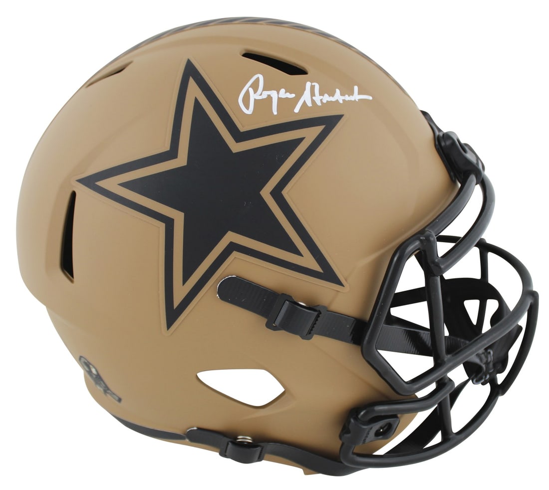 Roger Staubach Signed Dallas Cowboys Salute to Service II Helmet BAS Authenticated: Roger Staubach Signed Dallas Cowboys Salute to Service II Helmet BAS Authenticated This authentic Dallas Cowboys helmet is a stunning tribute to legendary quarterback Roger Staubach. The helmet is an 