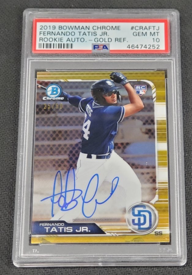 Fernando Tatis Jr. 2019 Bowman Chrome Gold Refractor RC Auto PSA 10 Limited 25/50: Fernando Tatis Jr. 2019 Bowman Chrome Gold Refractor RC Auto PSA 10 Limited 25/50 This 2019 Bowman Chrome Gold Refractor Rookie Autograph Card features baseball star Fernando Tatis Jr., a standout