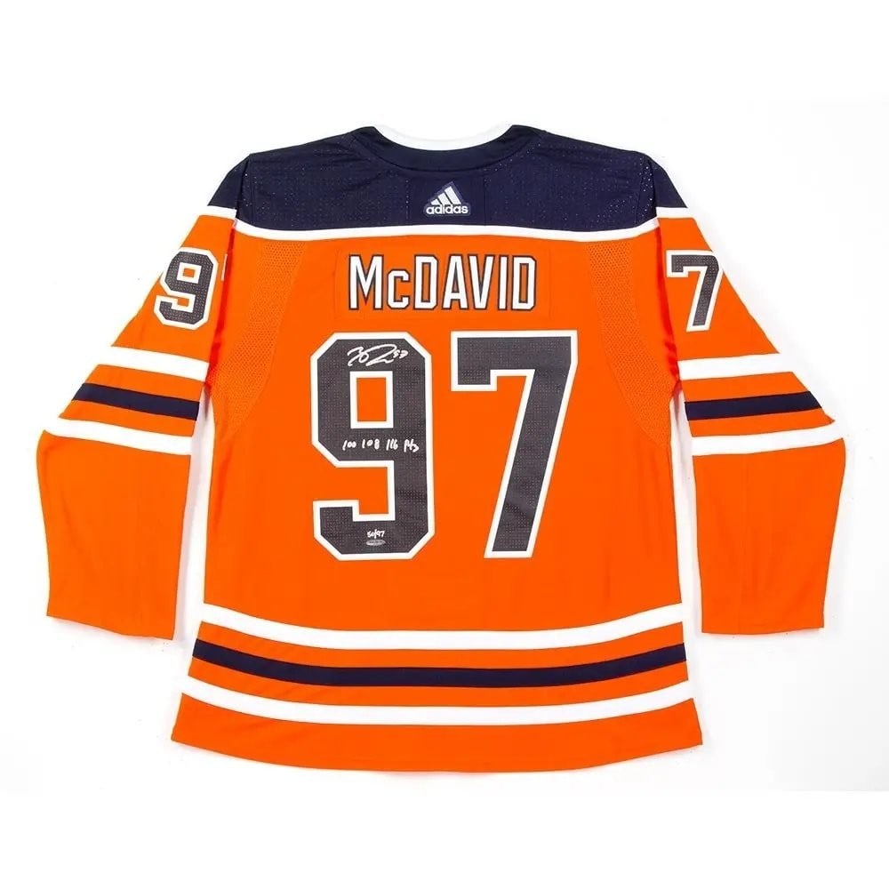 Connor McDavid Autographed Authentic Jersey Oilers Limited Edition random out of #/97: Connor McDavid Autographed Authentic Jersey Oilers Limited Edition random out of #/97 This authentic Connor McDavid jersey is a must-have for any Edmonton Oilers fan. Hand-signed by the star player