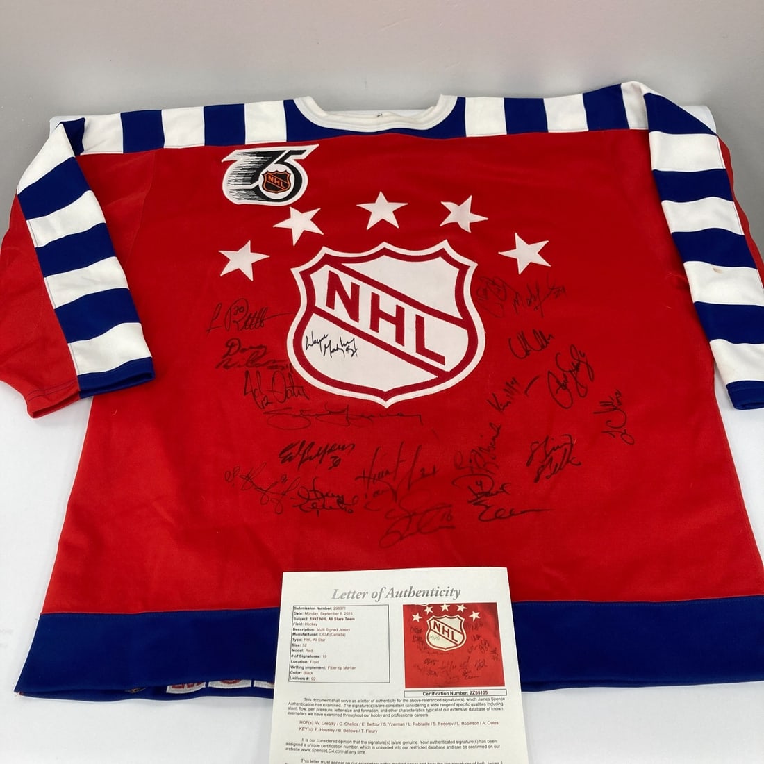 1992 NHL All Star Game Signed Jersey by Wayne Gretzky JSA COA: 1992 NHL All Star Game Signed Jersey by Wayne Gretzky JSA COA This authentic 1992 NHL All-Star Game jersey, crafted by CCM, is a must-have for hockey fans and collectors. Made in size 52, this strikin