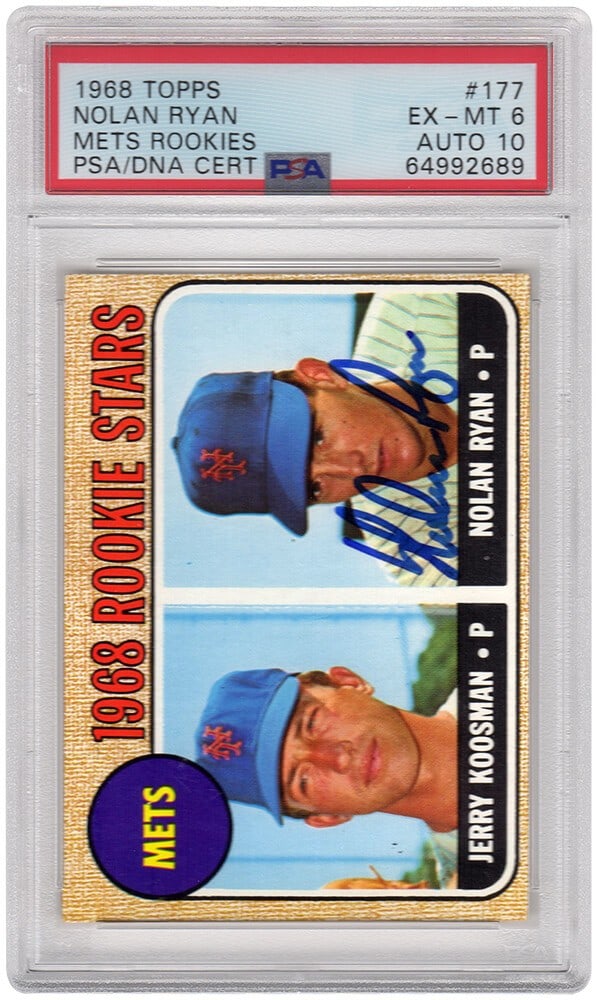 Nolan Ryan Jerry Koosman 1968 Topps #177 RC PSA 6 Auto 10: Nolan Ryan Jerry Koosman 1968 Topps #177 RC PSA 6 Auto 10 This listing features a Nolan Ryan / Jerry Koosman New York Mets 1968 Topps baseball rookie card, designated as #177. The card showcases a PSA