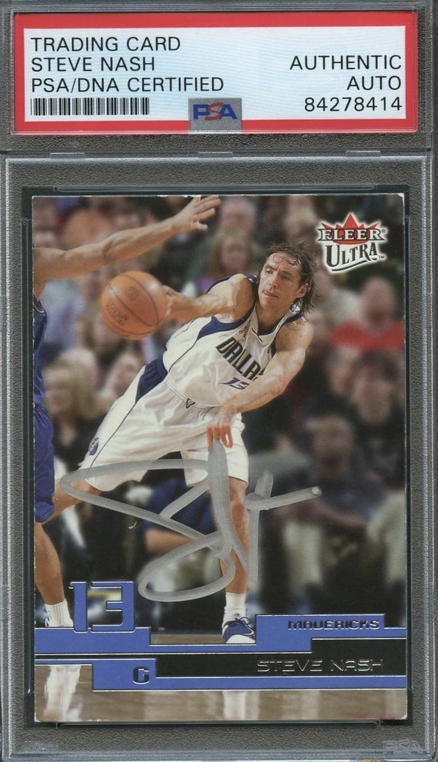 2002 Fleer Ultra #151 Steve Nash Signed Card PSA/DNA Mavericks: 2002 Fleer Ultra #151 Steve Nash Signed Card PSA/DNA Mavericks This is a 2002 Fleer Ultra #151 basketball card featuring the iconic Steve Nash, who played for the Dallas Mavericks. The card is not onl