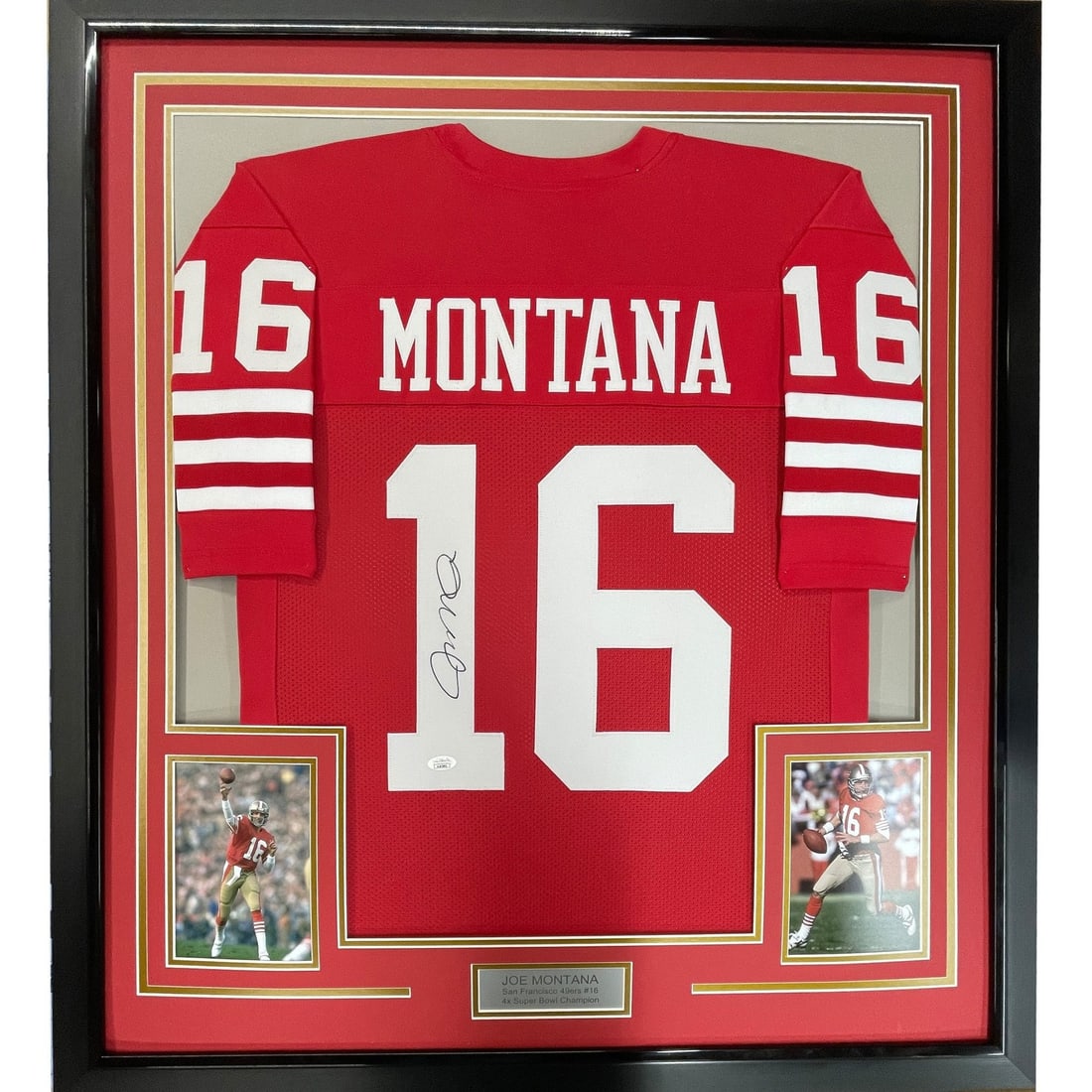 Joe Montana autographed framed 35x39 49ers red jersey JSA: Joe Montana autographed framed 35x39 49ers red jersey JSA Professionally framed and matted autographed Joe Montana jersey featuring a red San Francisco 49ers design. This original football collectible