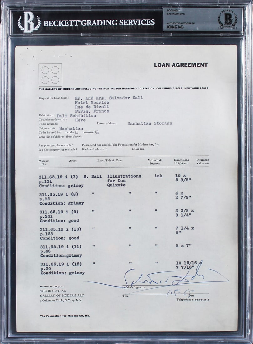 Salvador Dali Signed Loan Contract 1965 Beckett Authenticated 8.5 x 11: Salvador Dali Signed Loan Contract 1965 Beckett Authenticated 8.5 x 11 This authentic loan contract, personally signed by Salvador Dali on January 5, 1965, measures 8.5 x 11 inches and is slabbed for 