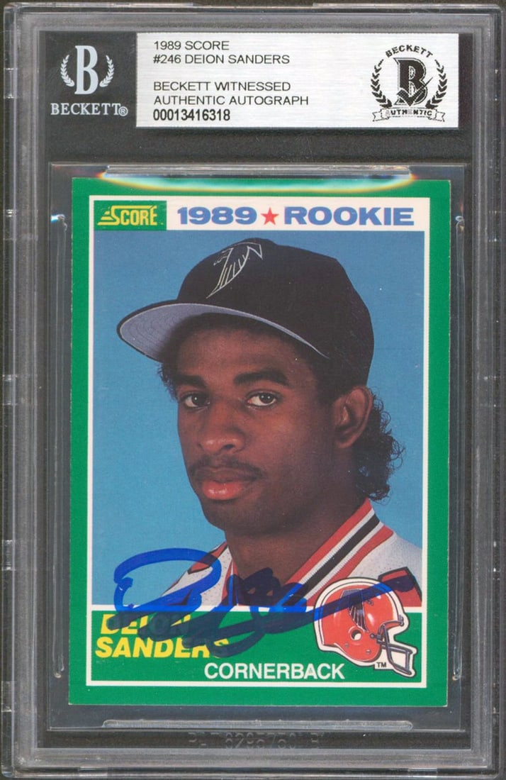 Deion Sanders Signed 1989 Score Rookie Football Card Beckett Authenticated Slab: Deion Sanders Signed 1989 Score Rookie Football Card Beckett Authenticated Slab This 1989 Score #246 rookie card features Deion Sanders and has been personally signed by him. The card is an original i