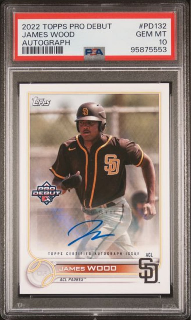 2022 Topps Pro Debut James Wood Autographed Rookie Card PSA 10: 2022 Topps Pro Debut James Wood Autographed Rookie Card PSA 10 This graded 2022 Topps Pro Debut James Wood #PD132 Autograph Rookie card is encapsulated and has received a perfect PSA 10 grade. It feat