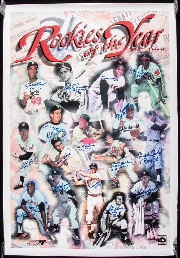 24x35 Rookie of the Year autographed poster 16 signatures JSA Willie Mays: 24x35 Rookie of the Year autographed poster 16 signatures JSA Willie Mays Large-format baseball poster photo commemorating former Rookie of the Year Award winners. It is autographed and inscribed by 1