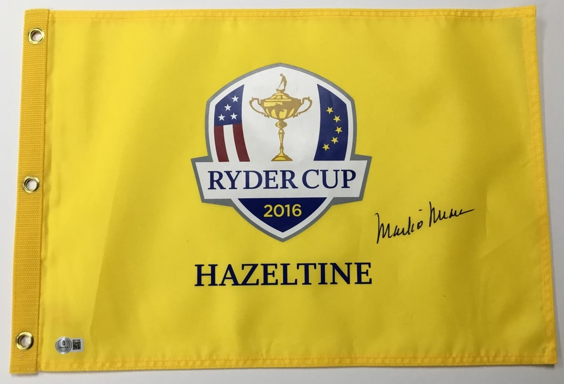 Mark O'Meara Signed 2016 Ryder Cup Flag Beckett Authenticated: Mark O'Meara Signed 2016 Ryder Cup Flag Beckett Authenticated Celebrate golf history with this original signed pin flag from the 2016 Ryder Cup at Hazeltine, featuring the autograph of PGA star Mark O