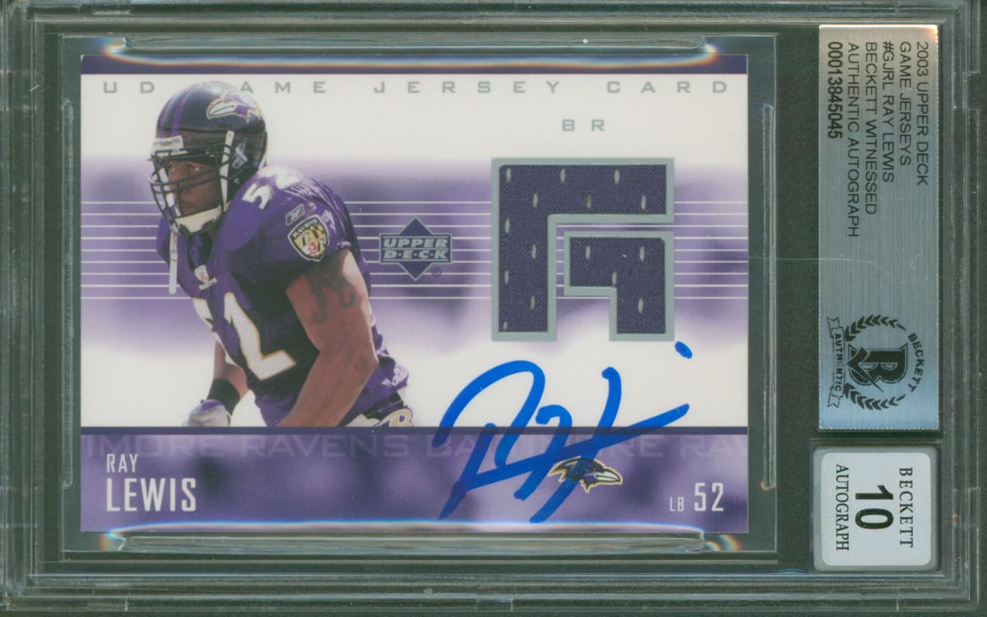 Ray Lewis Autographed 2003 Upper Deck Game Jerseys Card BAS 10 Slab: Ray Lewis Autographed 2003 Upper Deck Game Jerseys Card BAS 10 Slab This 2003 Upper Deck Game Jerseys #GJRL football card features an authentic autograph from Ray Lewis of the Baltimore Ravens. The ca