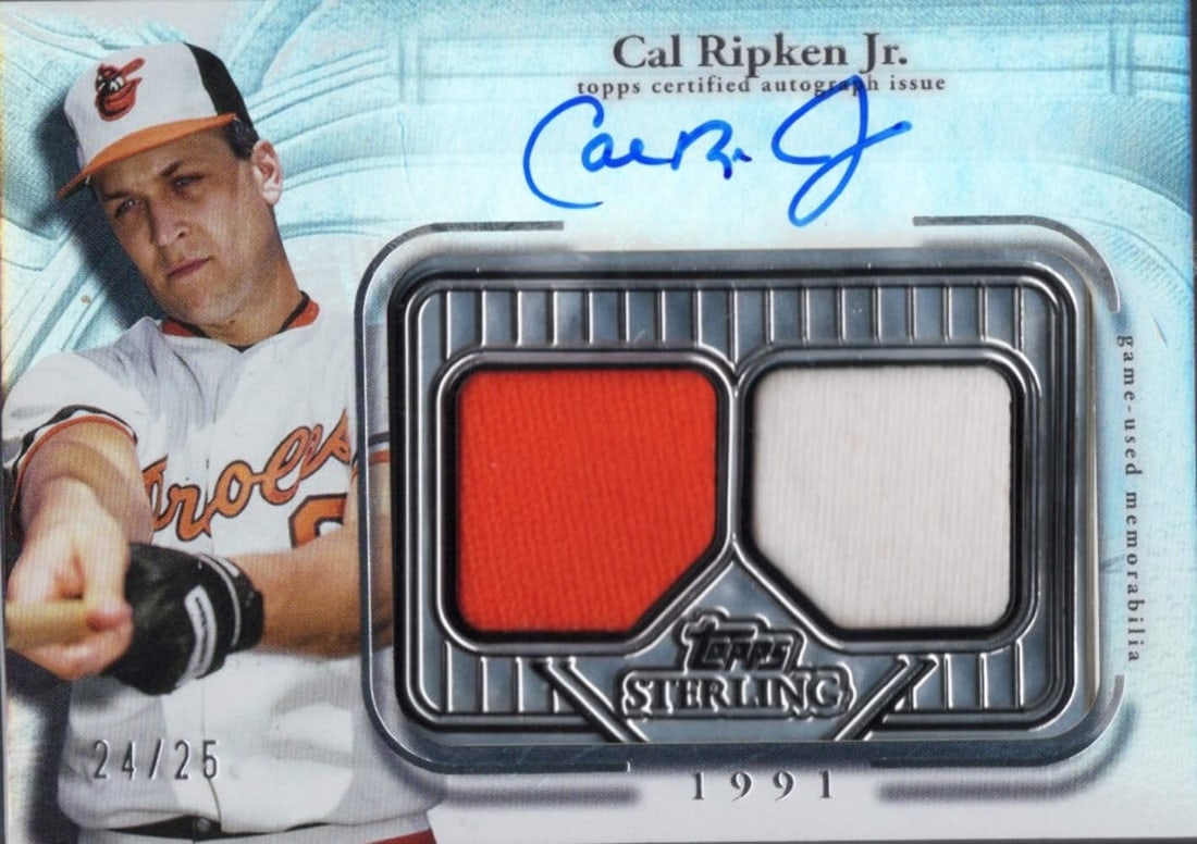 2025 Topps Sterling Cal Ripken Jr Autographed Relic Card /25: 2025 Topps Sterling Cal Ripken Jr Autographed Relic Card /25 This is a 2025 Topps Sterling Cal Ripken Jr. #SSACR Seasons 1991 Relic Autographed Card, limited to only 25 copies. The card features an au