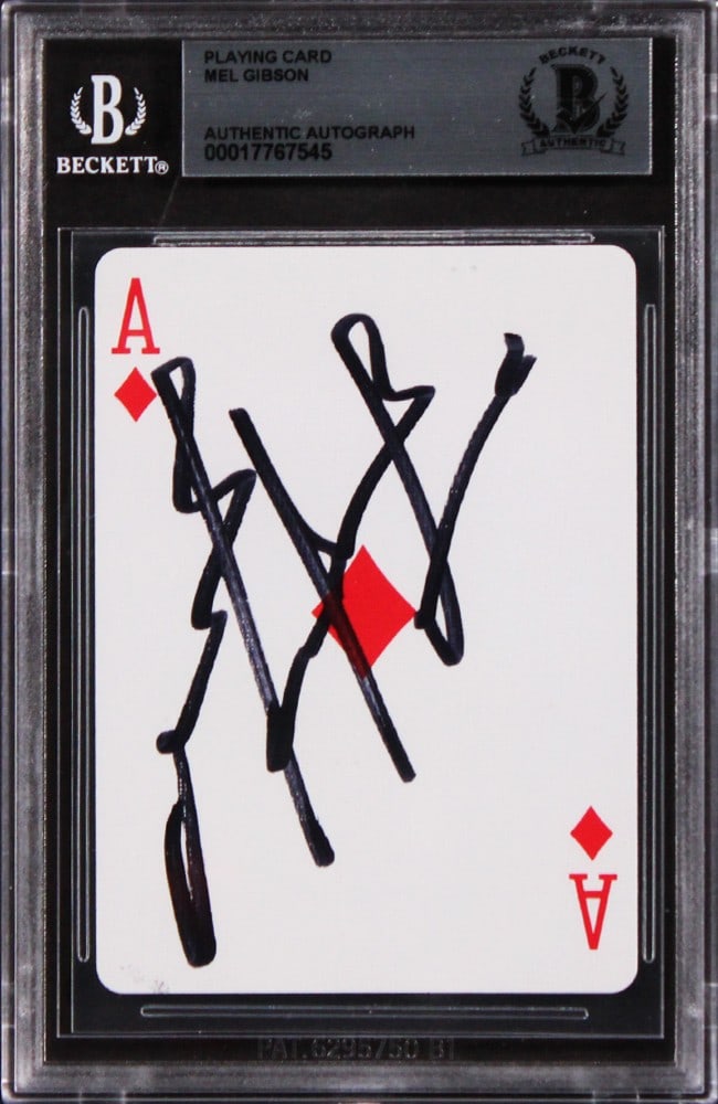 Mel Gibson Signed Ace of Diamonds Card Slabbed by Beckett Maverick: Mel Gibson Signed Ace of Diamonds Card Slabbed by Beckett Maverick This is an original Ace of Diamonds card personally signed by Mel Gibson from Maverick. The autograph has been authenticated and the 