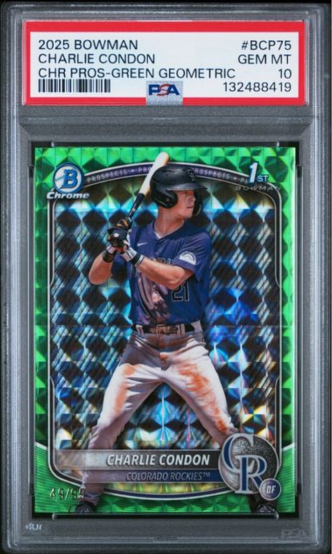 Charlie Condon 2025 Bowman Green Geometric Rookie Card BCP75 PSA 10 /99: Charlie Condon 2025 Bowman Green Geometric Rookie Card BCP75 PSA 10 /99 This is an original 2025 Bowman #BCP75 Green Geometric /99 rookie card featuring Charlie Condon of the Colorado Rockies. The car