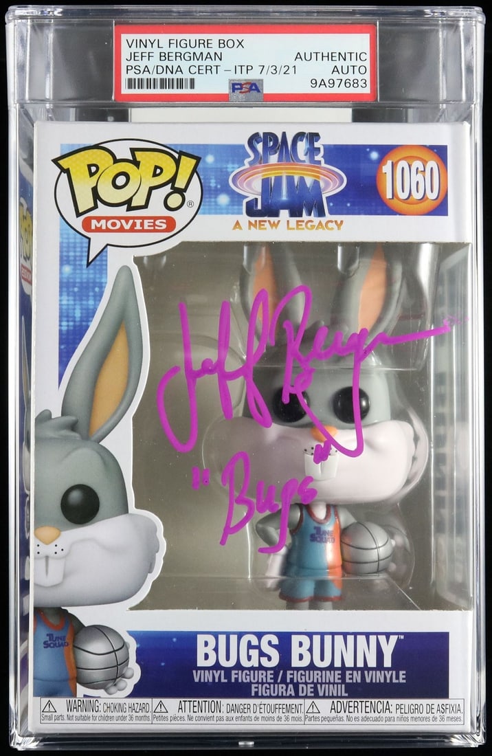 PSA DNA signed Bugs Bunny Funko Pop 1060 by Jeff Bergman: PSA DNA signed Bugs Bunny Funko Pop 1060 by Jeff Bergman This Funko Pop #1060 features Bugs Bunny from the movie Spacejam: A New Legacy and is signed by Jeff Bergman. The autograph has been authentica