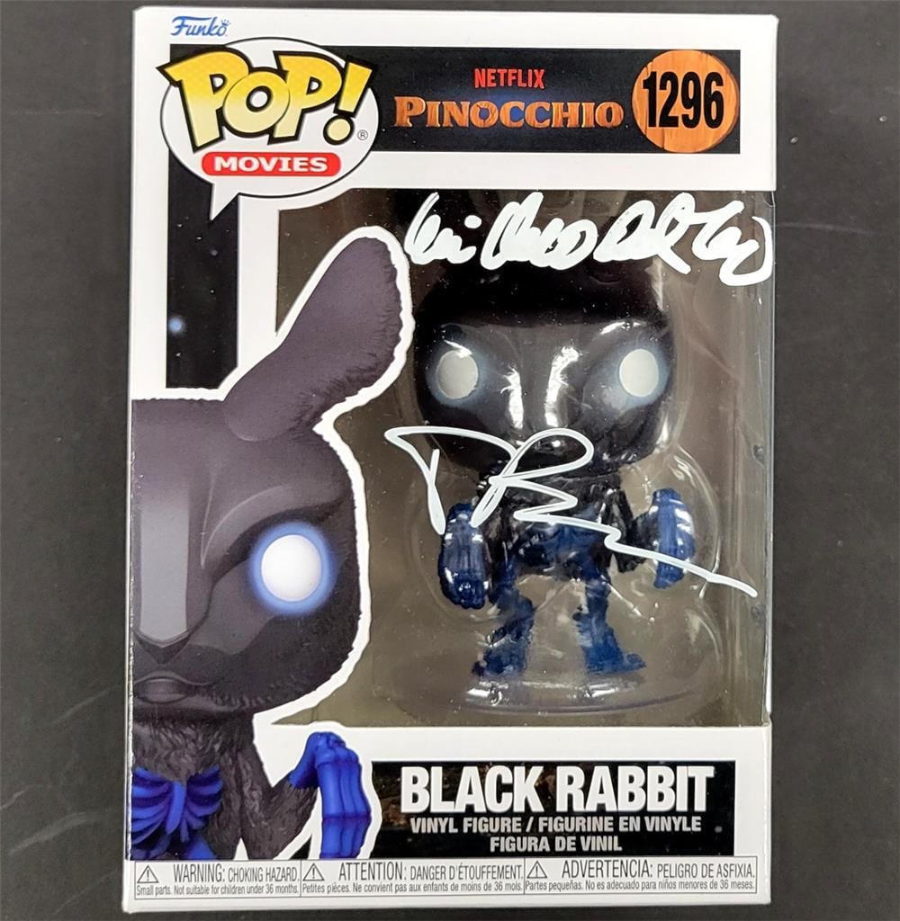 Pinocchio Funko Pop signed by Guillermo del Toro and Tim Blake Nelson Beckett authenticated: Pinocchio Funko Pop signed by Guillermo del Toro and Tim Blake Nelson Beckett authenticated This original Funko Pop! collectible from the movie Pinocchio features authentic signatures from Guillermo d
