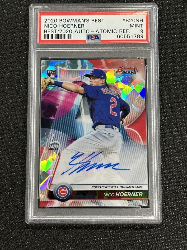 PSA 9 Nico Hoerner 2020 Bowmans Best Atomic Refractor B20NH Cubs RC: PSA 9 Nico Hoerner 2020 Bowmans Best Atomic Refractor B20NH Cubs RC 2020 Bowmans Best Atomic Refractor baseball card featuring Nico Hoerner of the Chicago Cubs. This graded rookie card is PSA 9 and is