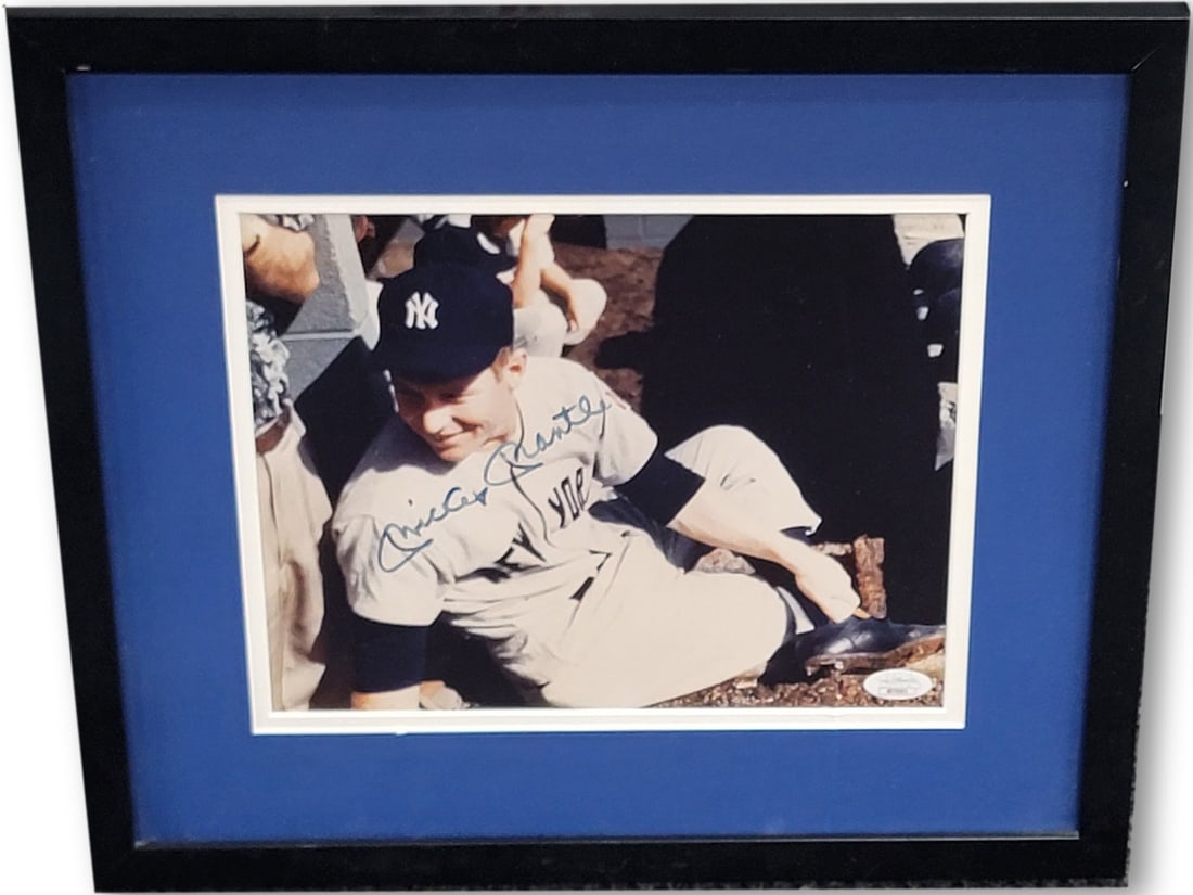 Framed Mickey Mantle Signed Yankees Photograph with JSA Authentication: Framed Mickey Mantle Signed Yankees Photograph with JSA Authentication This is an original photo autographed by Mickey Mantle, custom framed and authenticated by James Spence Authentication (JSA). The