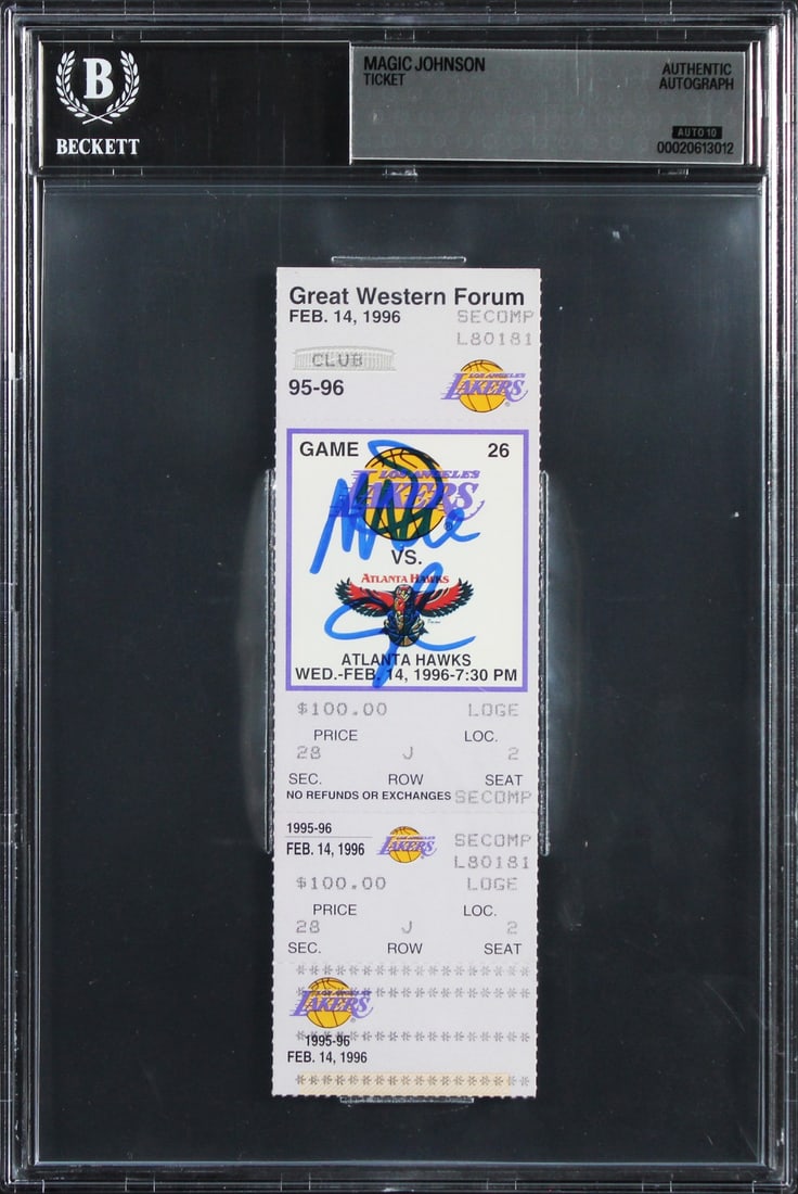 Magic Johnson Autographed 1996 Lakers vs Hawks Ticket Stub Beckett Slabbed: Magic Johnson Autographed 1996 Lakers vs Hawks Ticket Stub Beckett Slabbed Original 1996 Lakers vs. Hawks ticket stub card signed by Magic Johnson. The autograph has received a Gem Mint 10 auto grade 