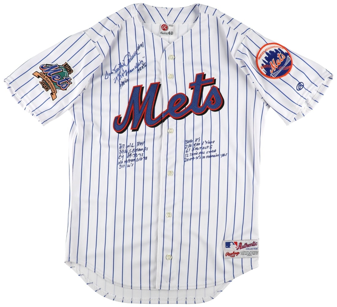 Tom Seaver autographed New York Mets Rawlings jersey JSA COA: Tom Seaver autographed New York Mets Rawlings jersey JSA COA This is a pre-owned Rawlings New York Mets jersey signed by Tom Seaver. The jersey is heavily inscribed with Seaver's stats and comes with 