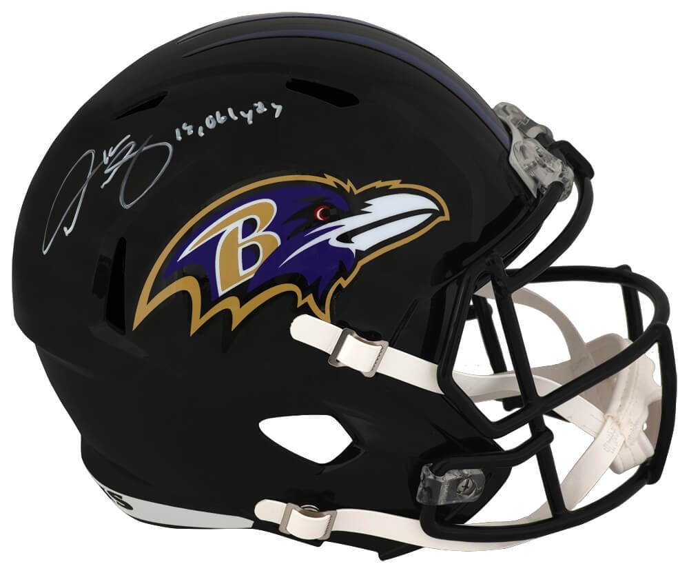 Baltimore Ravens Riddell Full Size Helmet Signed by Derrick Mason with Yards Inscription: Baltimore Ravens Riddell Full Size Helmet Signed by Derrick Mason with Yards Inscription This is a Baltimore Ravens Riddell full size speed replica helmet hand-signed by Derrick Mason. The helmet feat